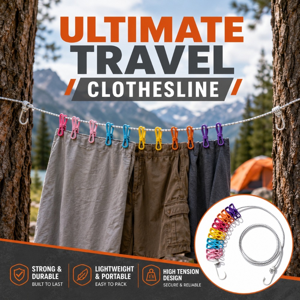 Camping Outdoor Clothing - Einziehbare Tragbare Wäscheleine mit 12 Wäscheklammern